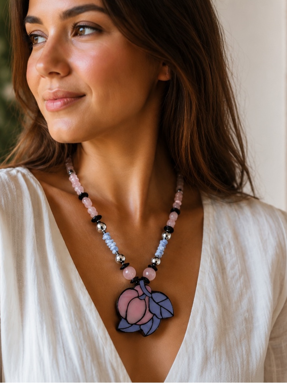 Vintage Lee Sands Rose Quartz Abalone Floral Pendant Statement Necklace